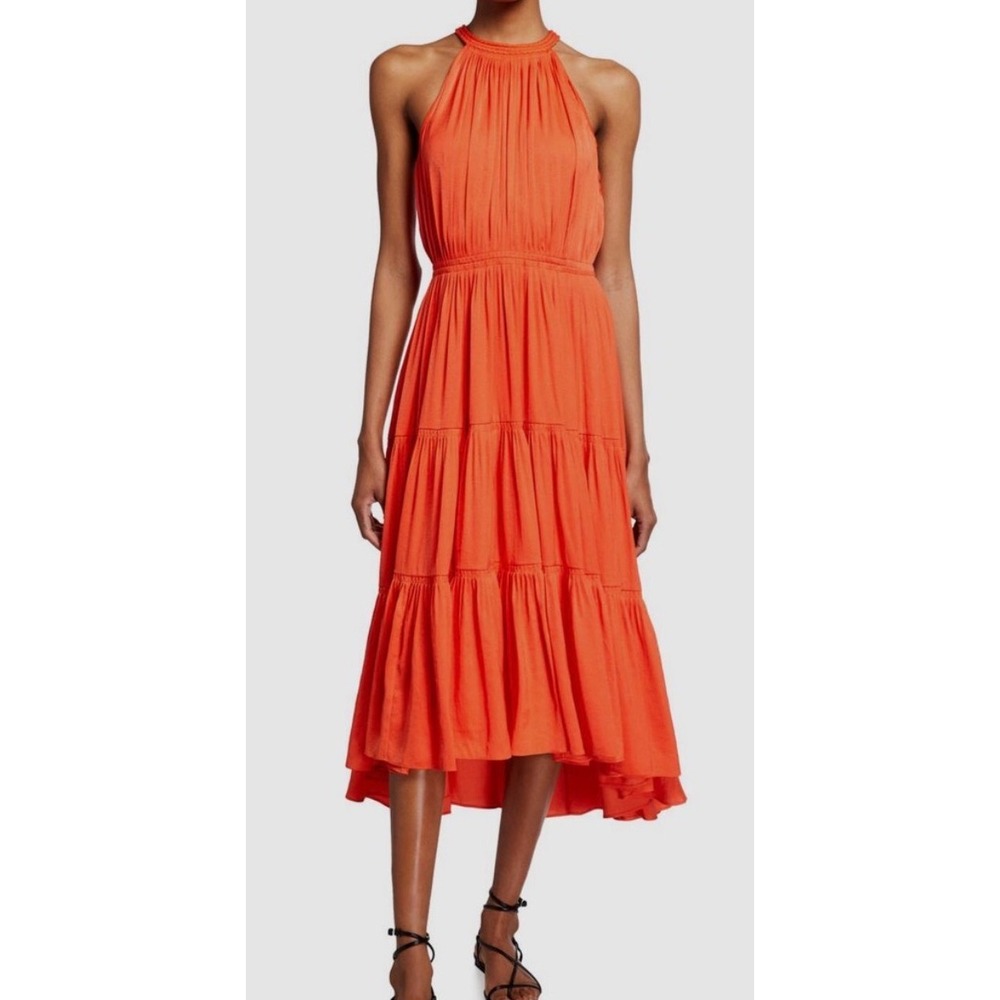 Kobi Halperin Orange Braided Halter Tiered Midi Dress Sz 6